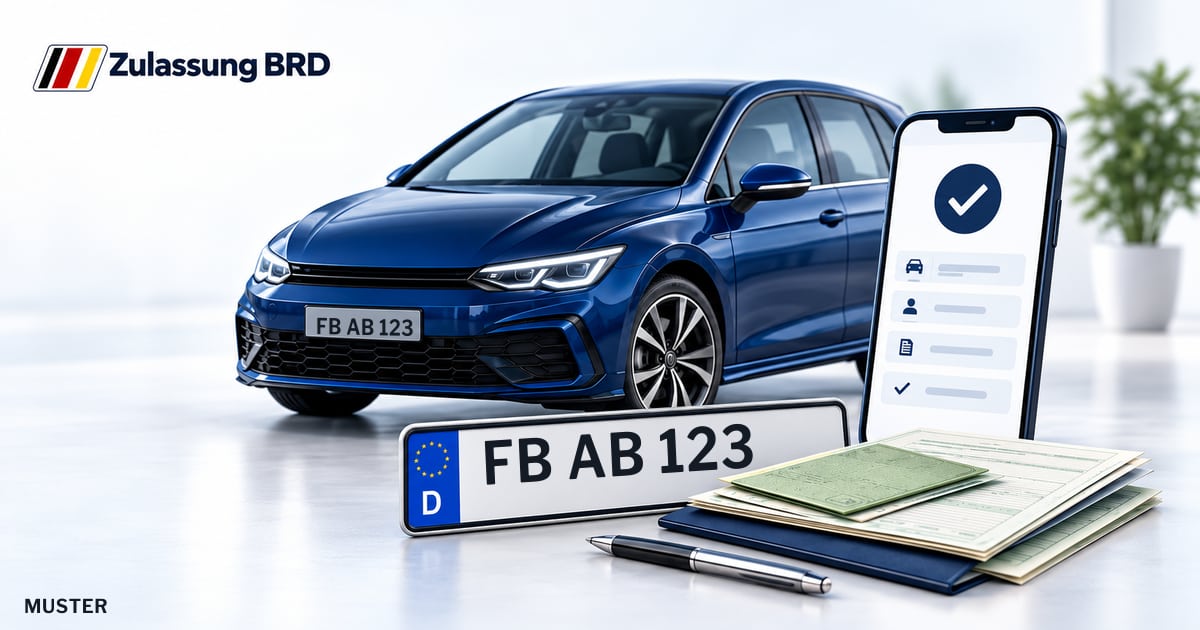 Online Fahrzeugzulassung in Bad Nauheim: Musterkennzeichen FB AB 123, Auto und Fahrzeugpapiere und Smartphone. Illustration mit Logo von Zulassung BRD.